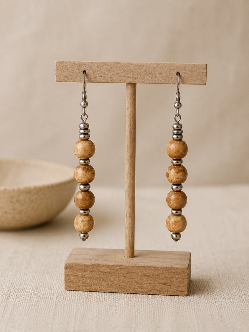 Wood Look Bead Dangle Earrings